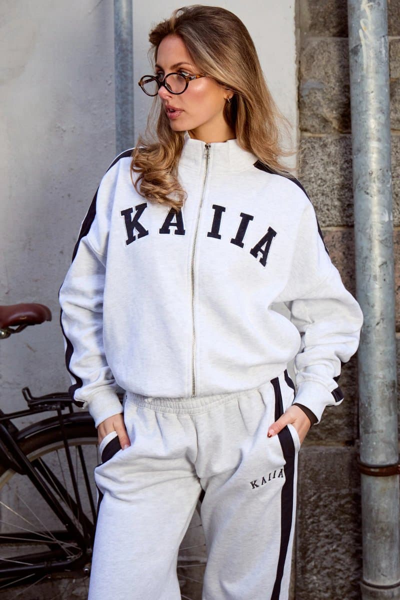 Kaiia Kaiia Classic Side Stripe Funnel Neck Zip Through Sweatshirt Light Grey Marl & Navy
