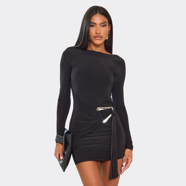EGO Long Sleeve Drape Trim Detail Mini Dress In Black, Women's Size UK 6