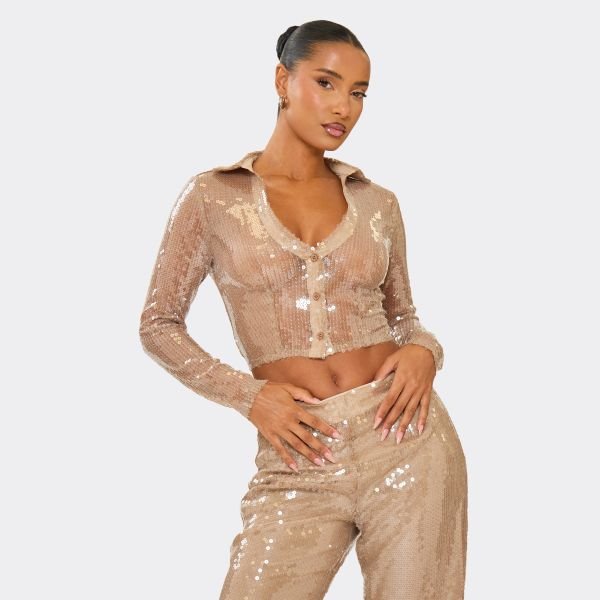 EGO Long Sleeve Plunge Shirt Crop Top In Nude Sequin, Women's Size UK 6 - 1