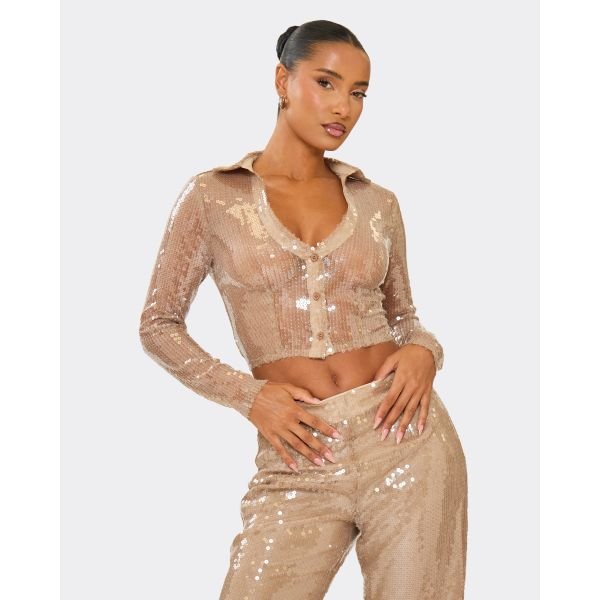 EGO Long Sleeve Plunge Shirt Crop Top In Nude Sequin, Women's Size UK 6 - 2