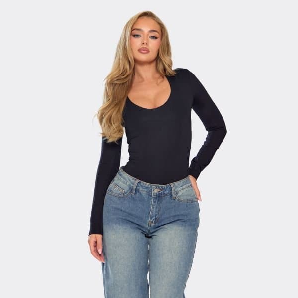 EGO Long Sleeve Scoop Neck Bodysuit In Black, Women's Size UK Large L