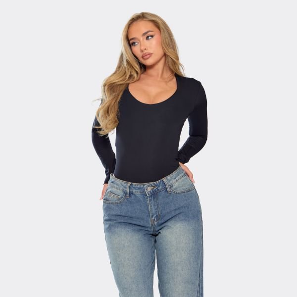 EGO Long Sleeve Scoop Neck Bodysuit In Black, Women's Size UK Large L - 2