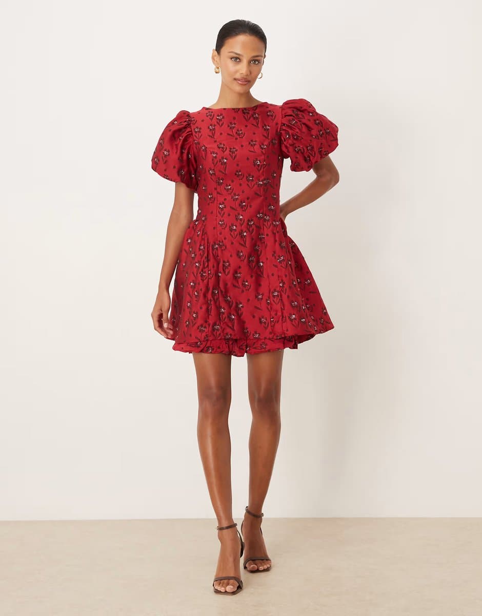 ASOS Sister Jane Nouveau floral jaquard puff sleeve mini dress in wine