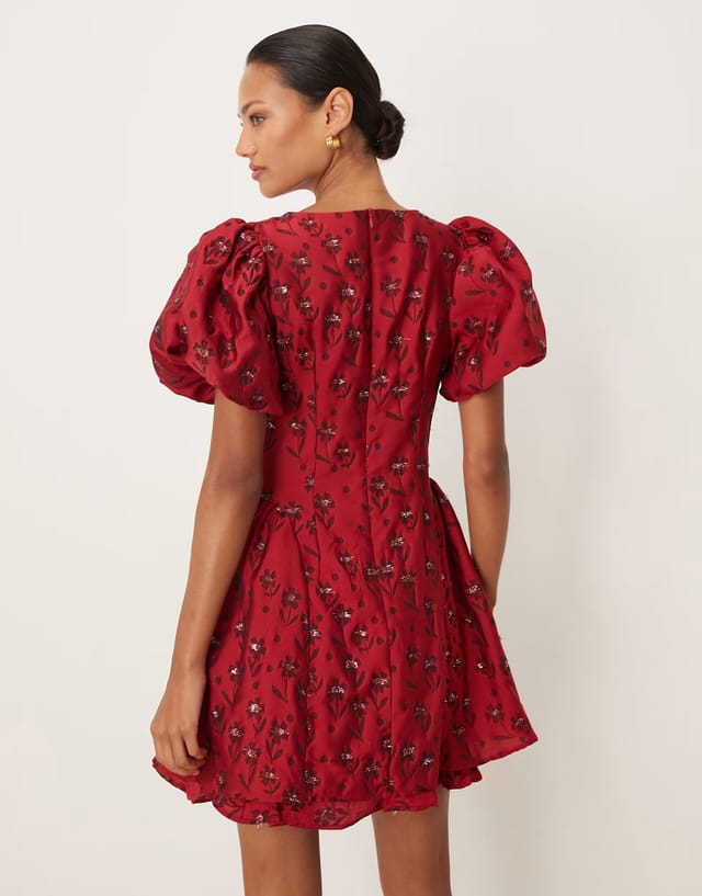 ASOS Sister Jane Nouveau floral jaquard puff sleeve mini dress in wine - 3