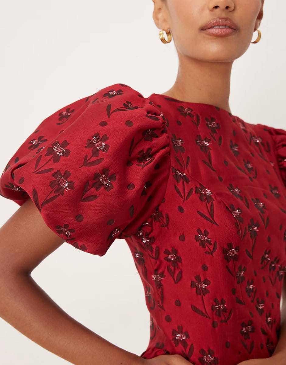 ASOS Sister Jane Nouveau floral jaquard puff sleeve mini dress in wine - 4