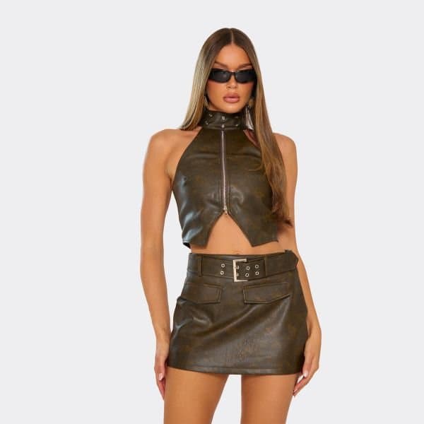 EGO High Neck Zip Through Top In Brown Faux Leather, Women's Size UK 6