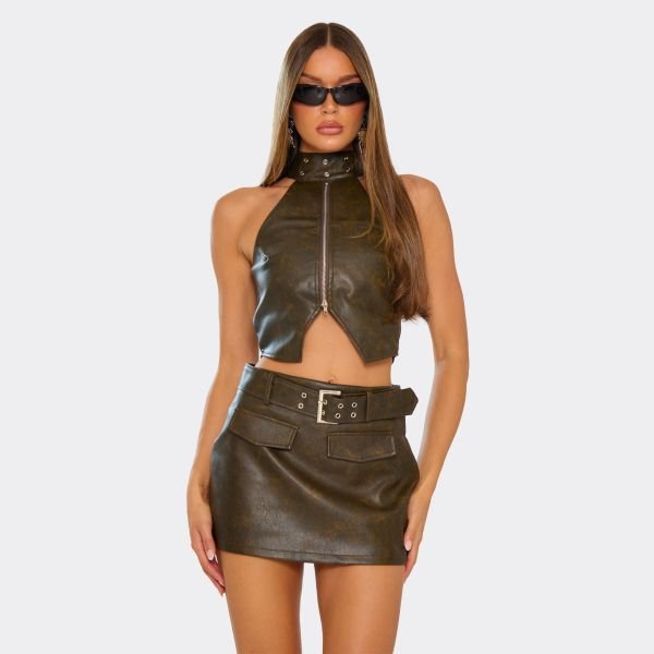 EGO High Neck Zip Through Top In Brown Faux Leather, Women's Size UK 6 - 2