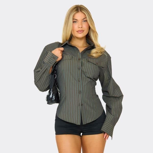 EGO EGO Long Sleeve Grey Pinstripe Collared Shoulder Pad Shirt