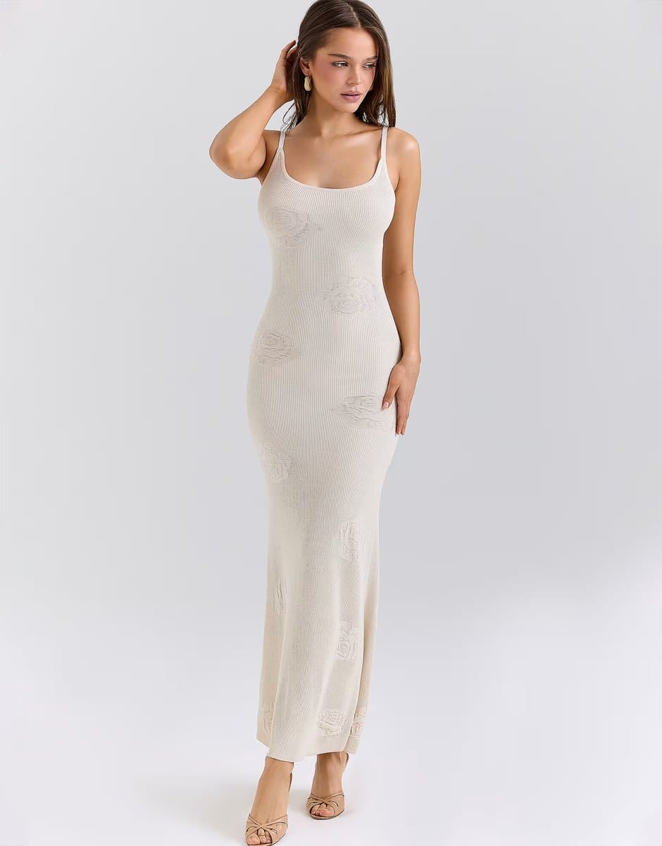 ASOS House of CB Dara ecru knit rose embroidered maxi dress in ecru