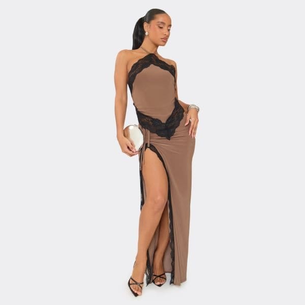 EGO Ruched Side Split Leg Lace Trim Detail Maxi Skirt In Brown, Women's Size UK 6 - 1