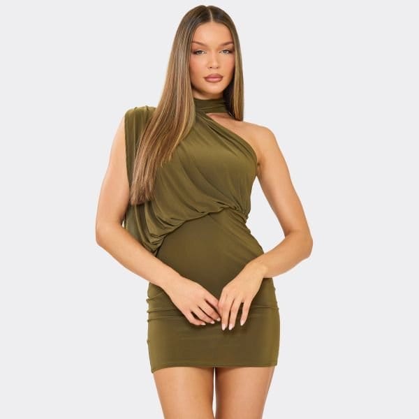 EGO One Shoulder Choker Drape Detail Mini Dress In Khaki Slinky, Women's Size UK 6 - 1