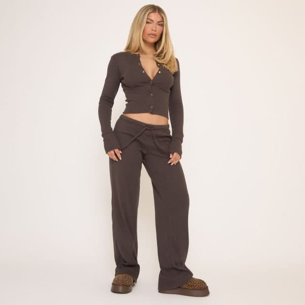 EGO EGO Mid Rise Drawstring Waist Straight Leg Trousers in Brown