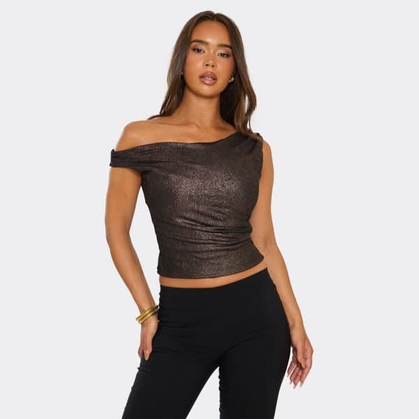 EGO Asymmetric Off The Shoulder Top In Brown Glitter, Women's Size UK 10