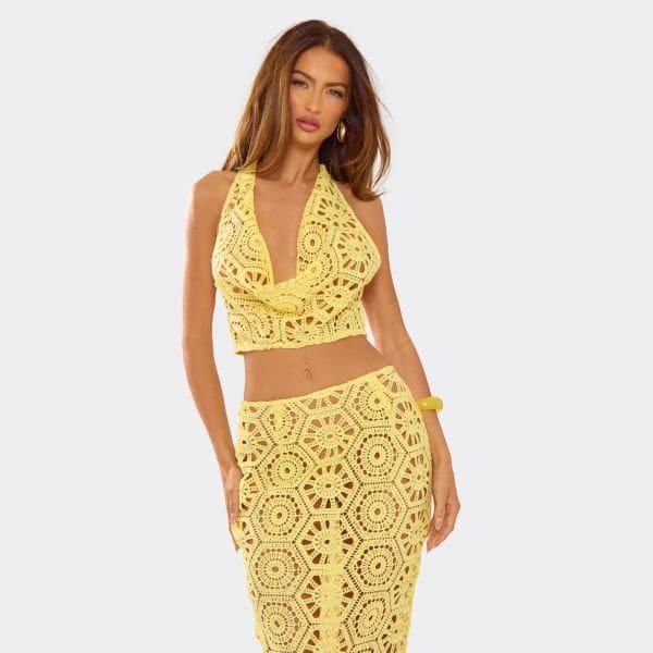 EGO Cowl Halterneck Crop Top In Yellow Crochet, Women's Size UK 6