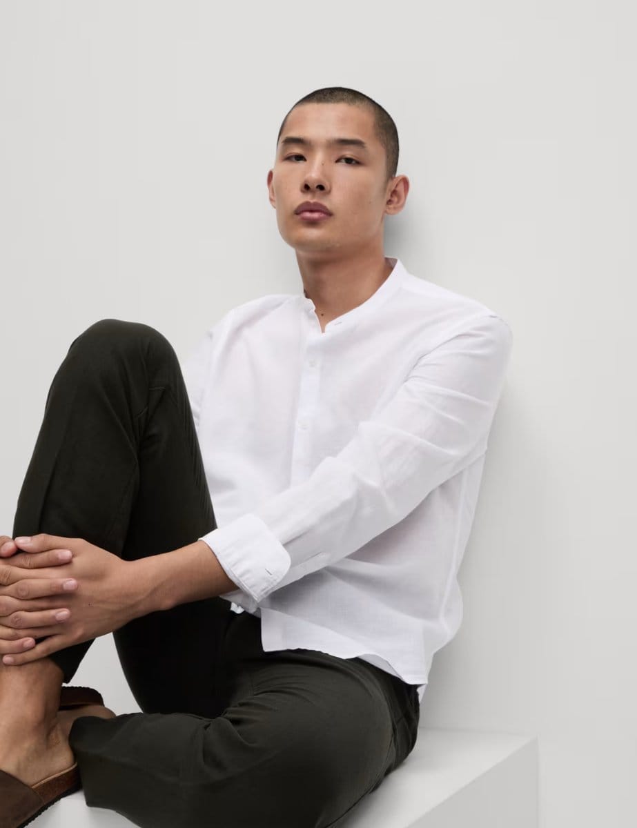 Marks & Spencer M&S Cotton Linen Blend Grandad Collar Shirt White - 4