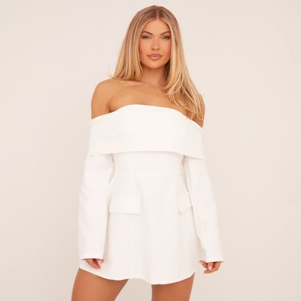 EGO Fold Over Bardot Tailored Mini Dress In White, Women's Size UK 6