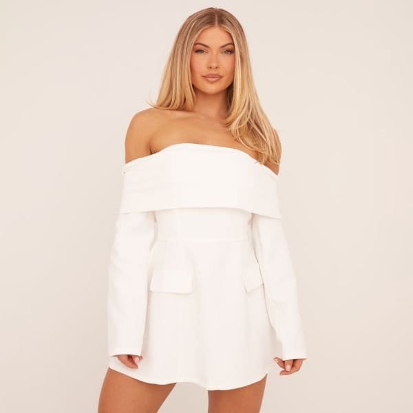 EGO Fold Over Bardot Tailored Mini Dress In White, Women's Size UK 6 - 1