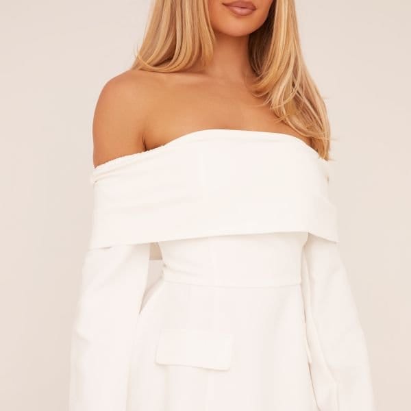 EGO Fold Over Bardot Tailored Mini Dress In White, Women's Size UK 6 - 2