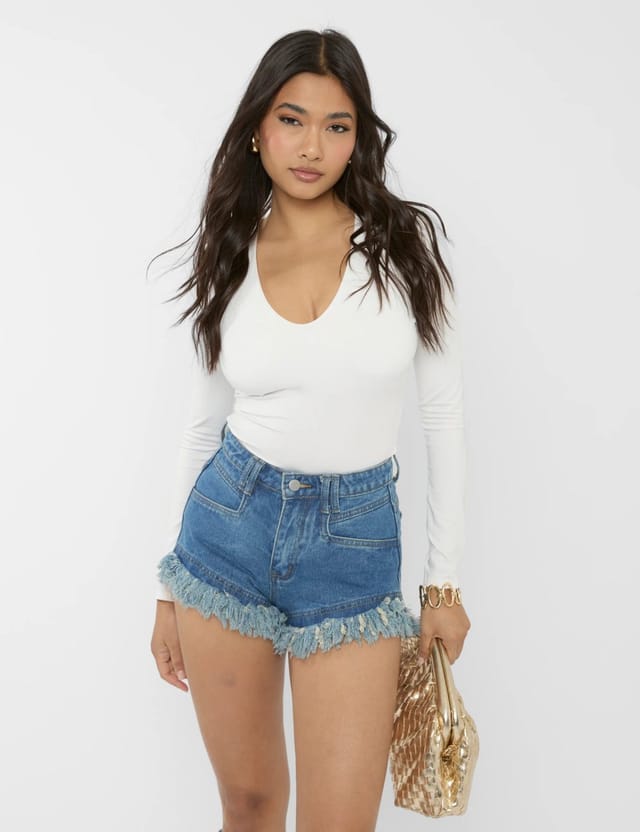 Public Desire High Waist Frayed Denim Shorts Light Blue - 3