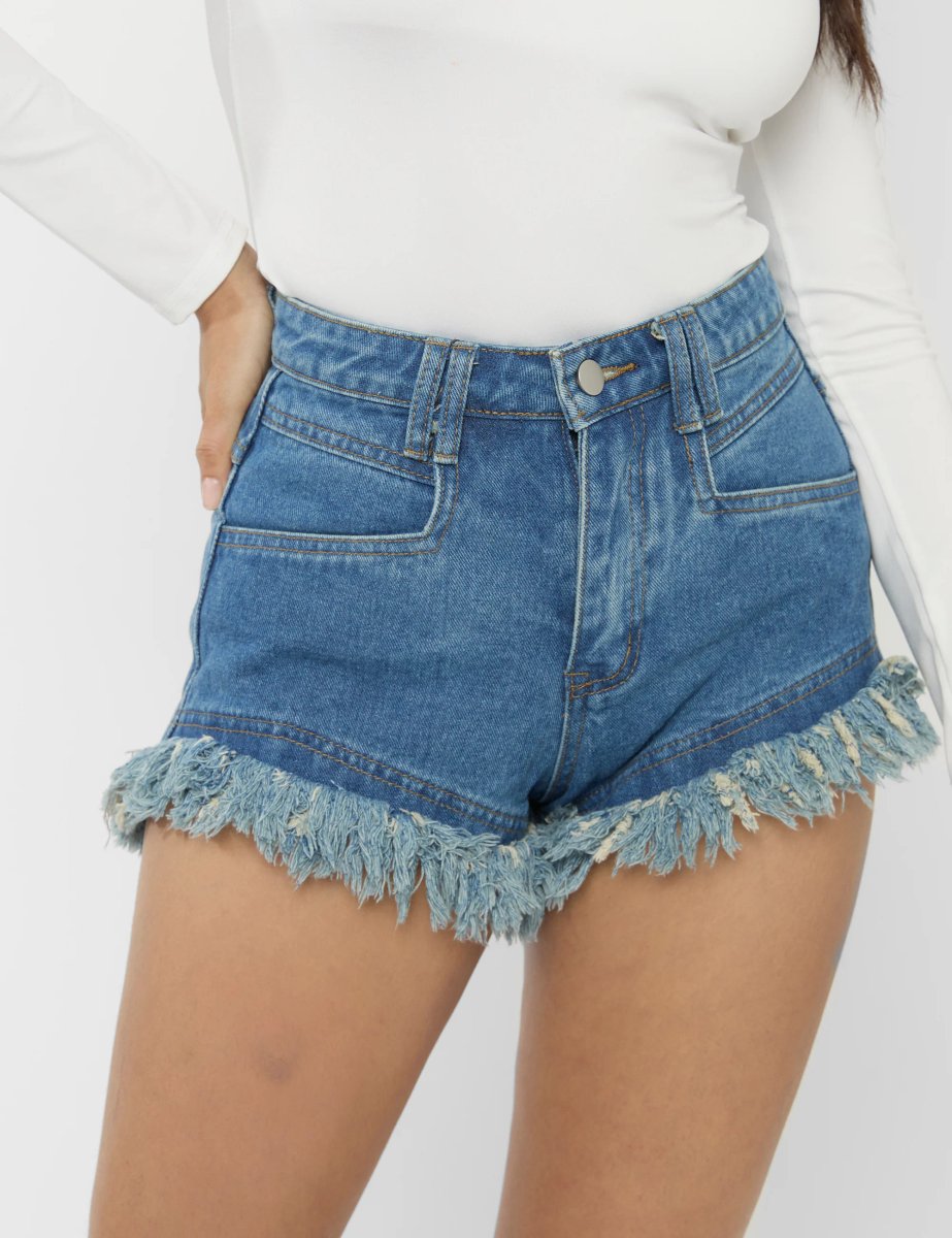 Public Desire High Waist Frayed Denim Shorts Light Blue - 4