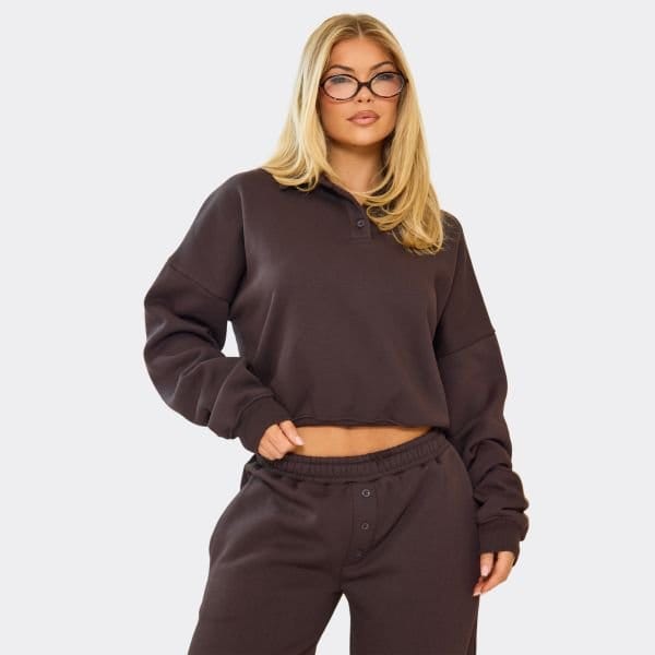 EGO Long Sleeve Collared Polo Sweatshirt In Chocolate Brown, Women's Size UK 4 - 1