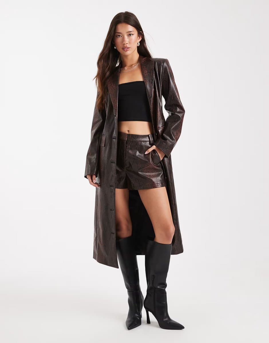 ASOS ASOS DESIGN tailored longline faux leather blazer co-ord in brown snake