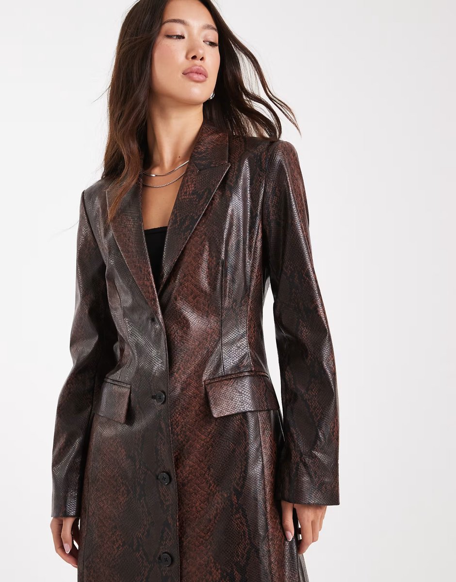 ASOS ASOS DESIGN tailored longline faux leather blazer co-ord in brown snake - 4