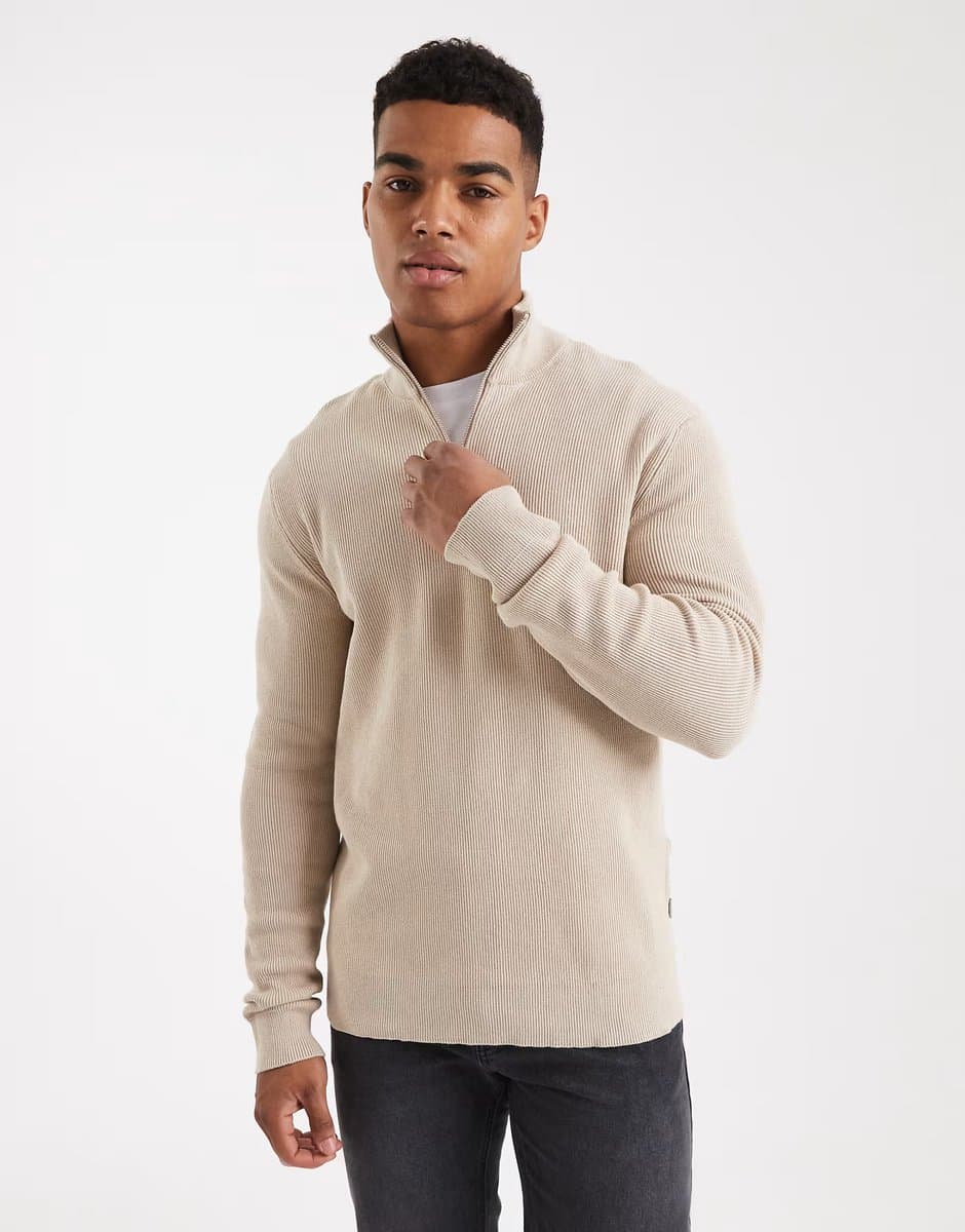 ASOS ONLY & SONS ribbed half zip jumper in stone