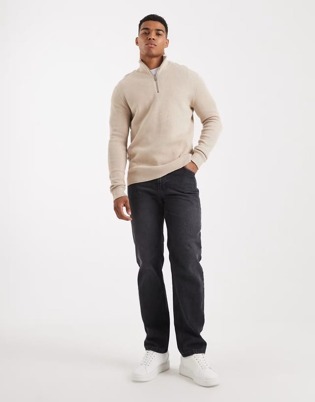 ASOS ONLY & SONS ribbed half zip jumper in stone - 2