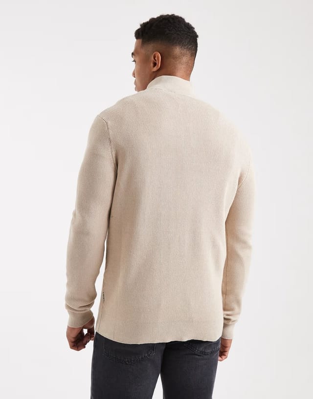 ASOS ONLY & SONS ribbed half zip jumper in stone - 3