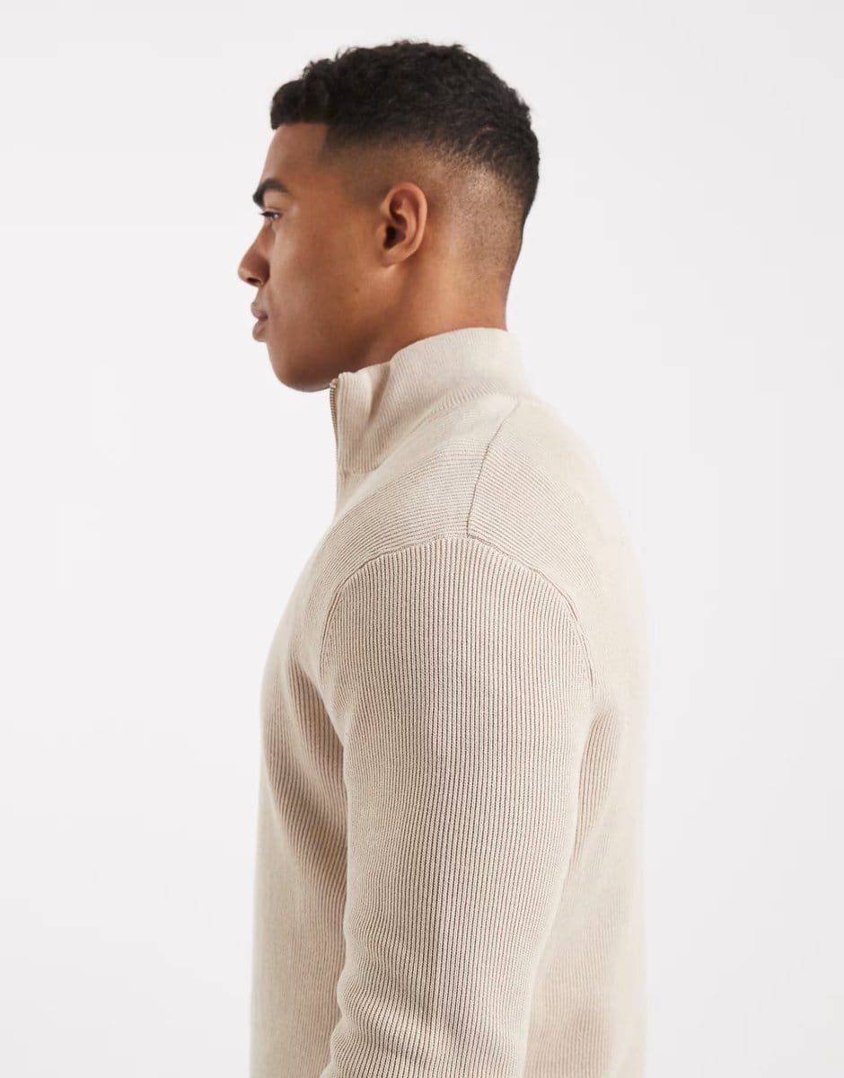 ASOS ONLY & SONS ribbed half zip jumper in stone - 4