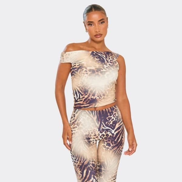 EGO Bardot Fitted Top In Multi Animal Print, Women's Size UK 6