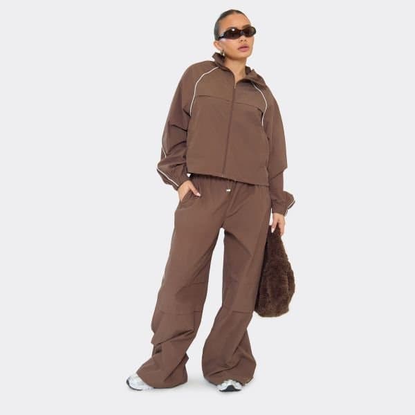 EGO Low Rise Toggle Detail Wide Leg Track Pants In Chocolate Brown Shell, Women's Size UK 6