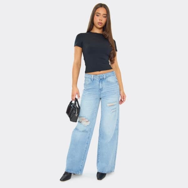 EGO Fold Over Waistband Distressed Wide Leg Jeans In Light Blue Denim, Women's Size UK 6