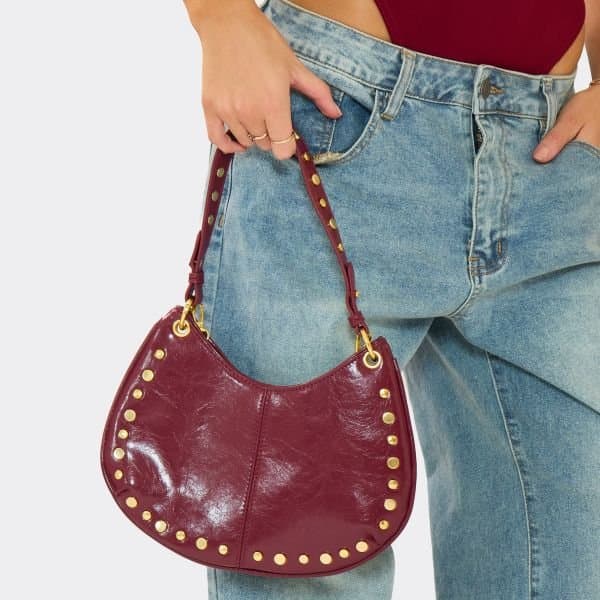 EGO EGO Stud Detail Half Moon Shoulder Bag in Burgundy