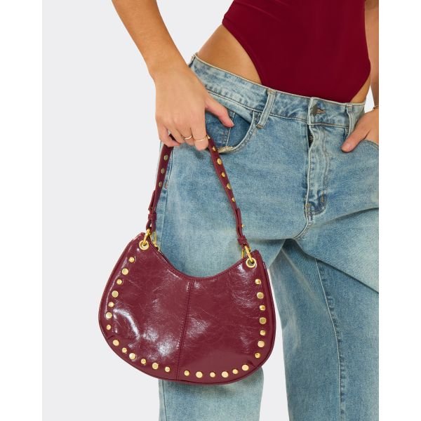 EGO Carmel Stud Detail Half Moon Shaped Shoulder Bag In Burgundy Faux Leather, Women's Size UK One Size - 2