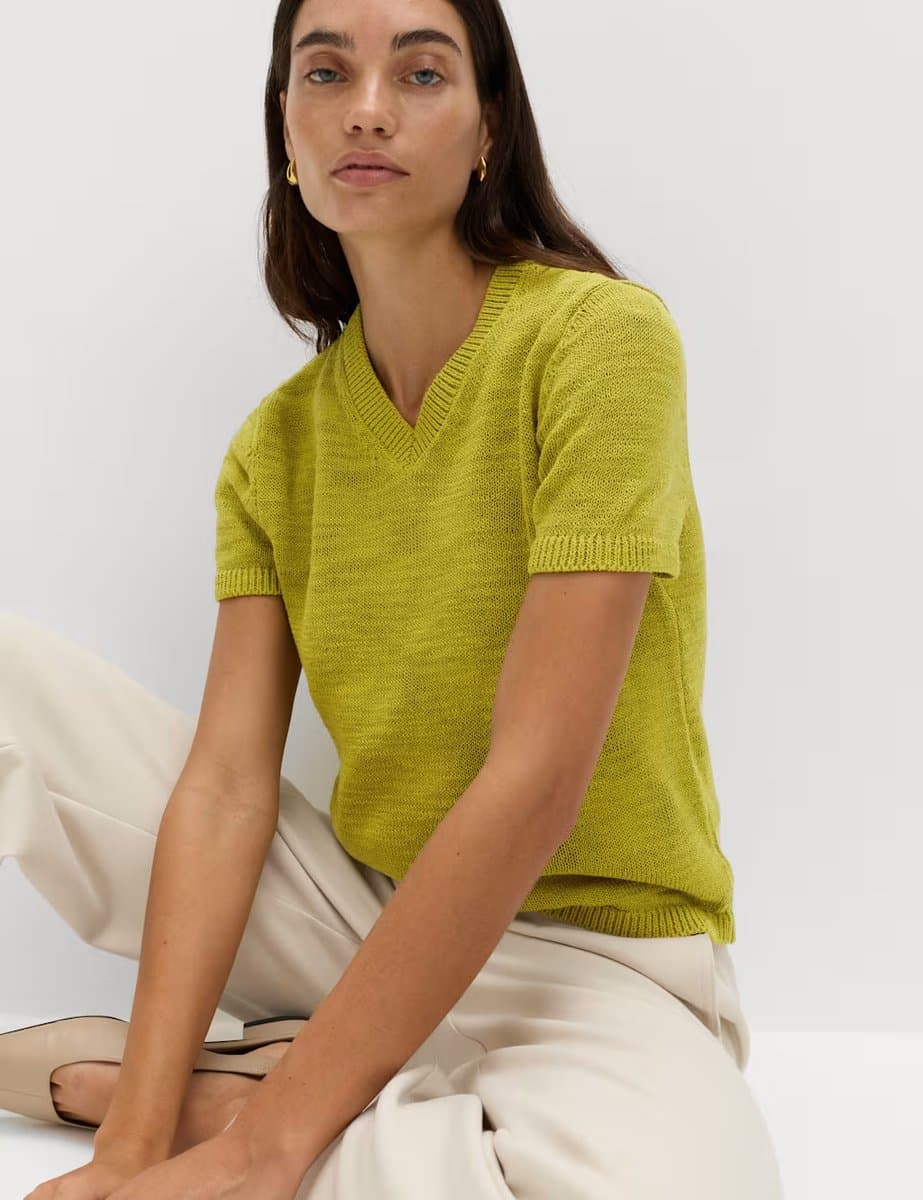 Marks & Spencer M&S Cotton Rich V-Neck Slim Fit Knitted Top Moss