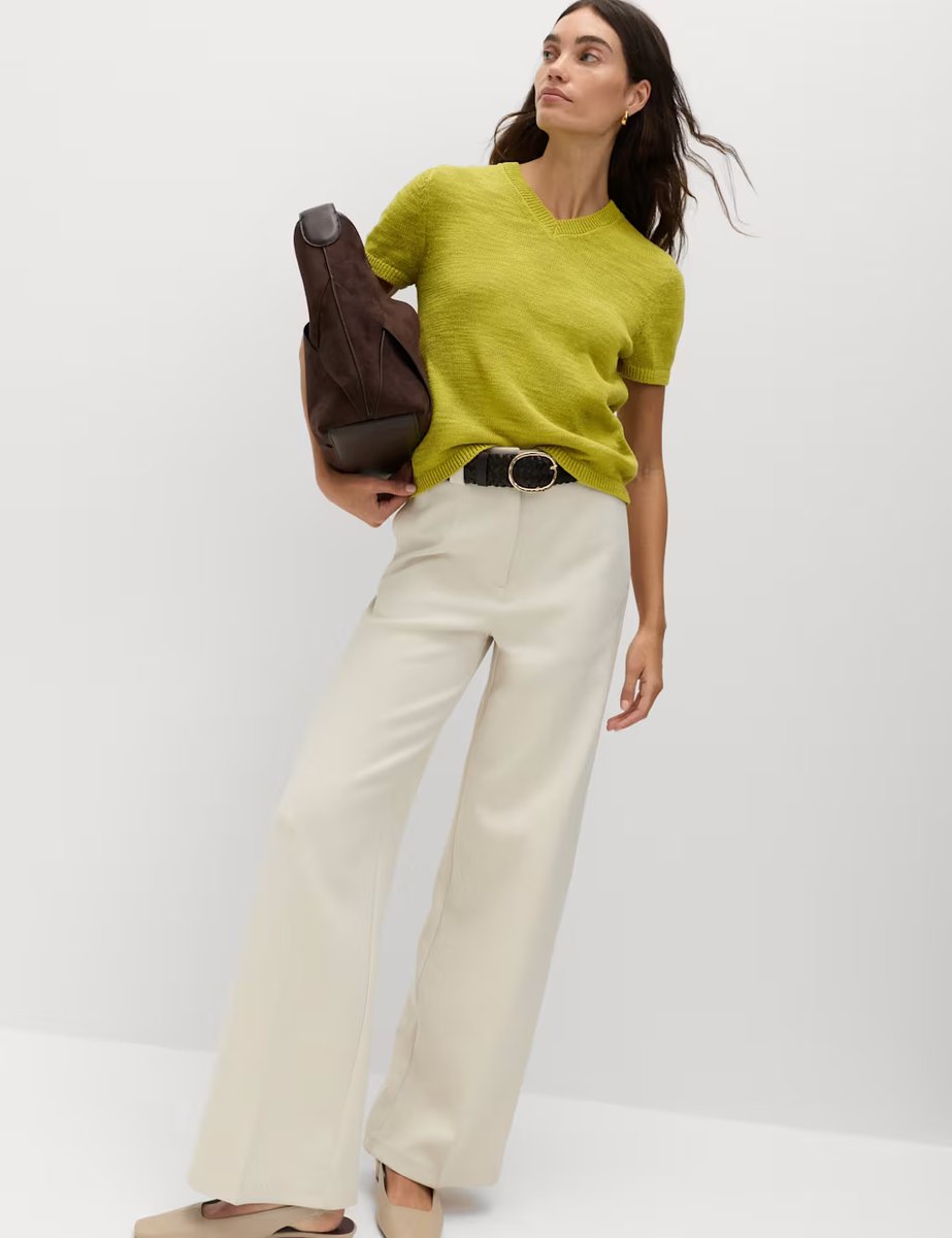 Marks & Spencer M&S Cotton Rich V-Neck Slim Fit Knitted Top Moss - 2