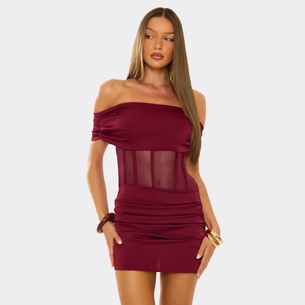 EGO Bardot Ruched Boning Detail Mini Dress In Burgundy, Women's Size UK 10
