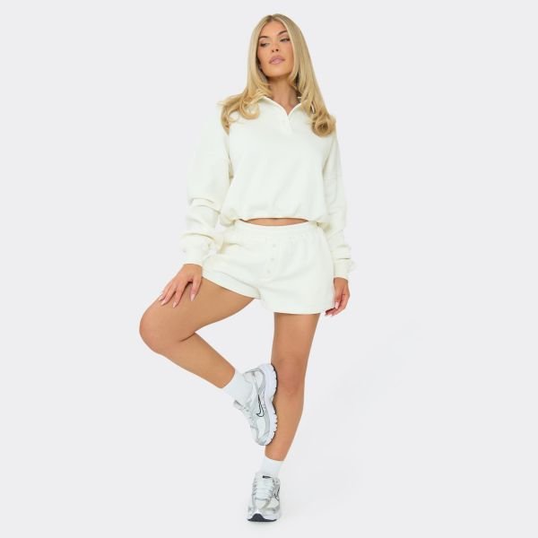 EGO Mid Rise Button Detail Sweat Shorts In Cream, Women's Size UK 6 - 1