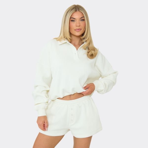 EGO Mid Rise Button Detail Sweat Shorts In Cream, Women's Size UK 6 - 2