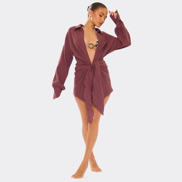 EGO Long Sleeve Wrap Front Beach Dress In Brown Cheesecloth, Women's Size UK 6 - 2