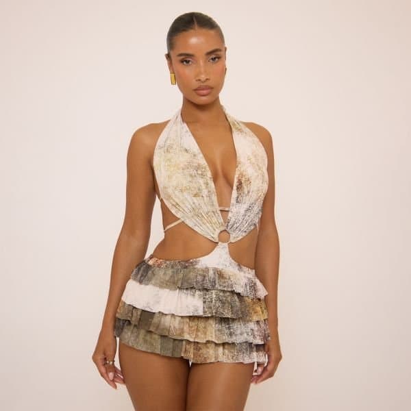 EGO Plunge Halterneck O Ring Ruffle Detail Playsuit In Multi Print, Women's Size UK 4