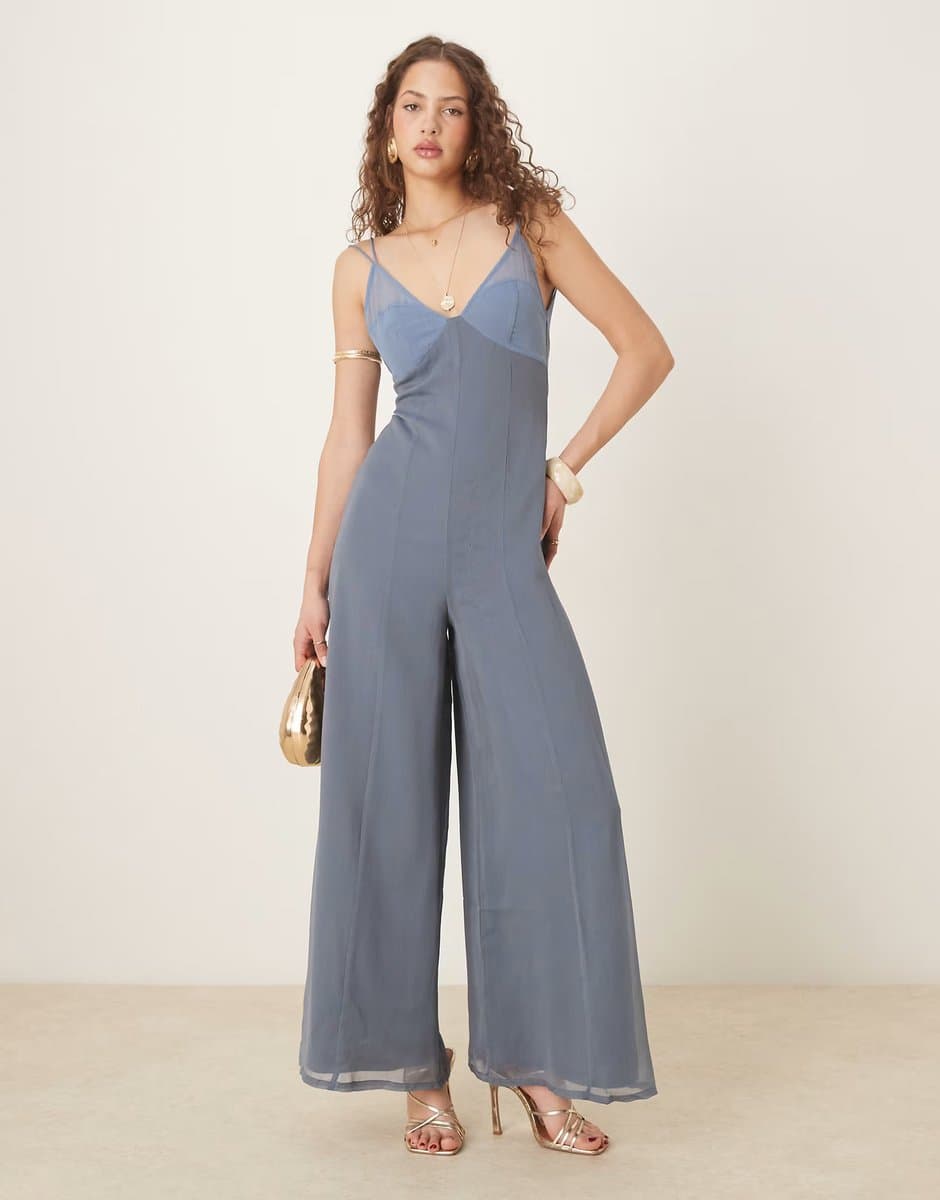 ASOS ASOS DESIGN v neck sheer panel chiffon jumpsuit in two tone blue