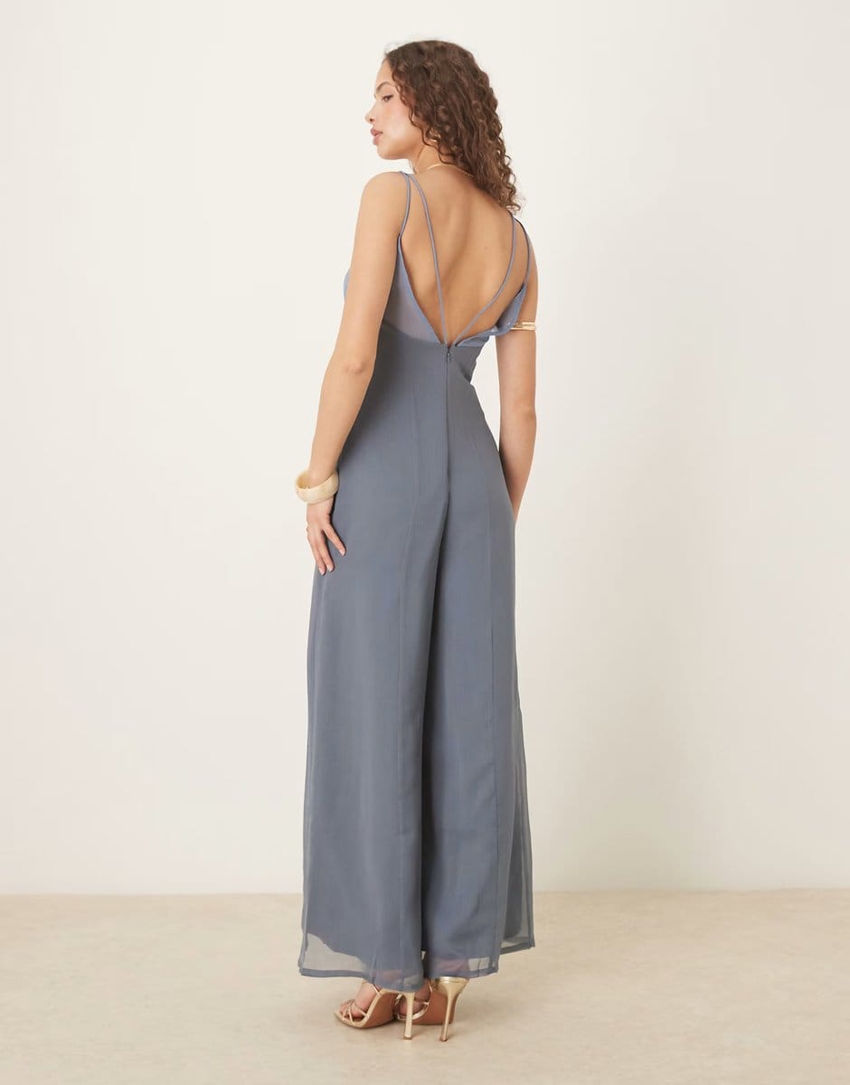 ASOS ASOS DESIGN v neck sheer panel chiffon jumpsuit in two tone blue - 4