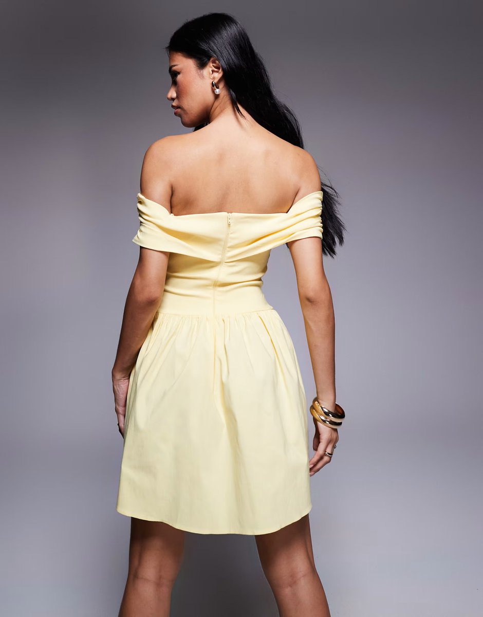 ASOS Vesper bengaline bardot foldover mini dress in yellow - 3