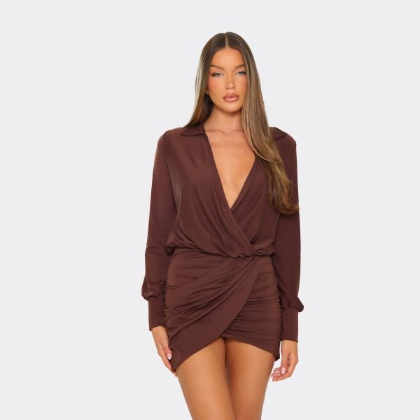 EGO Long Sleeve Plunge Drape Skirt Hem Detail Shirt Dress In Chocolate Brown, Women's Size UK 6 - 2