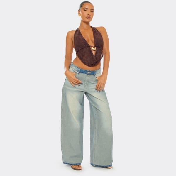 EGO Mid Rise Washed Detail Wide Leg Jeans In Blue Denim, Women's Size UK 6