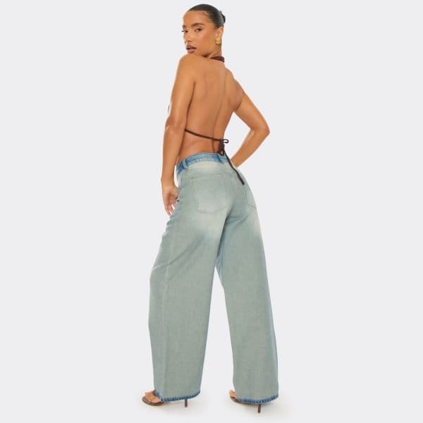 EGO Mid Rise Washed Detail Wide Leg Jeans In Blue Denim, Women's Size UK 6 - 2