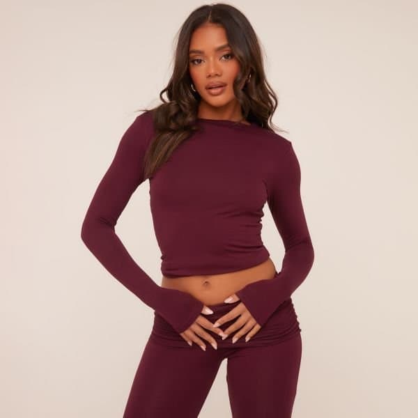 EGO Long Sleeve Crew Neck Top In Burgundy, Women's Size UK 14